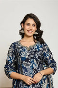 Blue Floral Printed 3 - Piece Suit with Embroidered Neckline - Qurbat