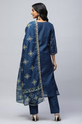 Blue Printed Suit Set for Women with Zari Embroidery - Qurbat