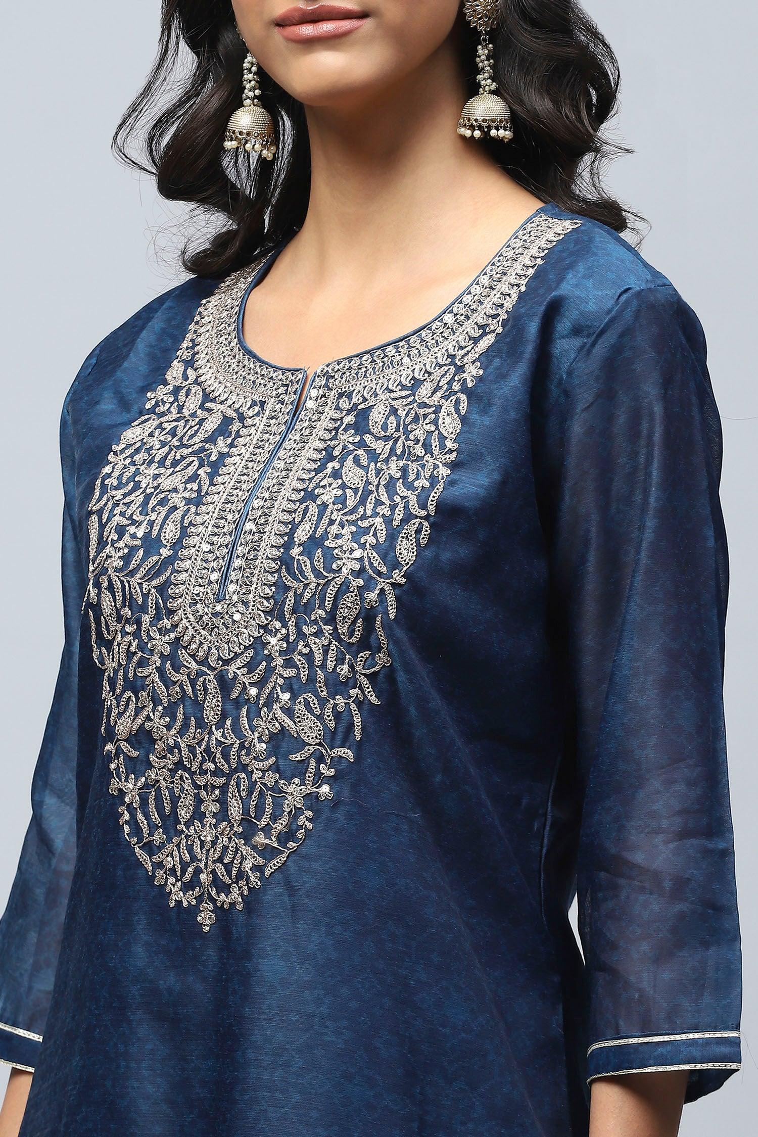 Blue Printed Suit Set for Women with Zari Embroidery - Qurbat