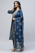 Blue Printed Suit Set for Women with Zari Embroidery - Qurbat