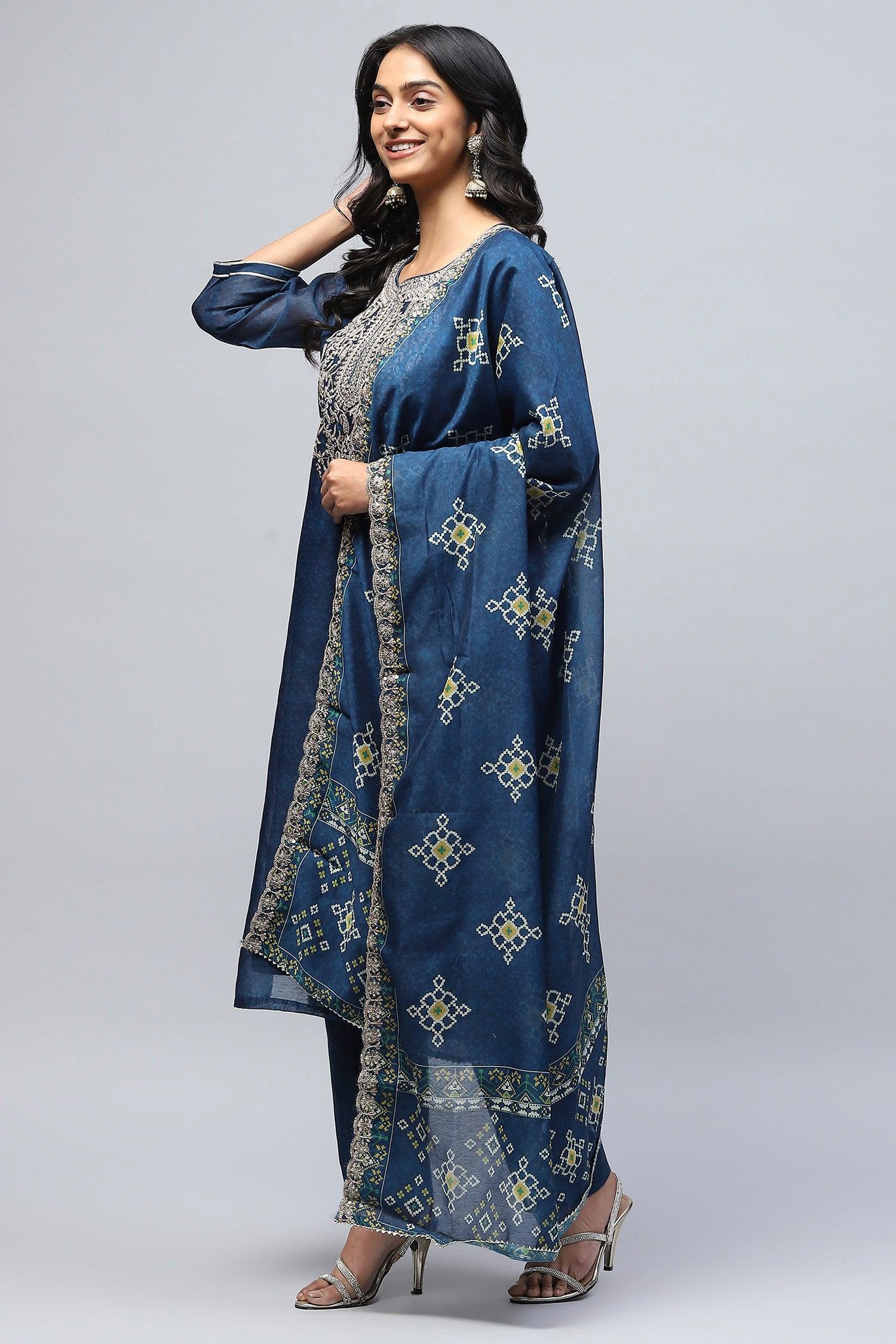 Blue Printed Suit Set for Women with Zari Embroidery - Qurbat