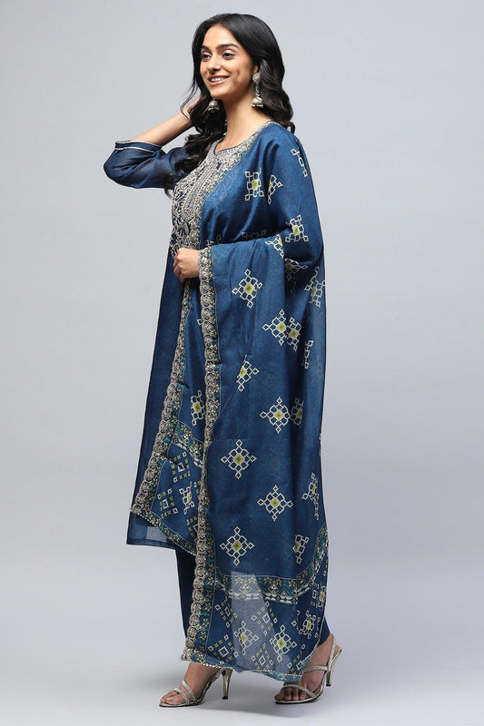 Blue Printed Suit Set for Women with Zari Embroidery - Qurbat