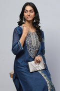Blue Printed Suit Set for Women with Zari Embroidery - Qurbat