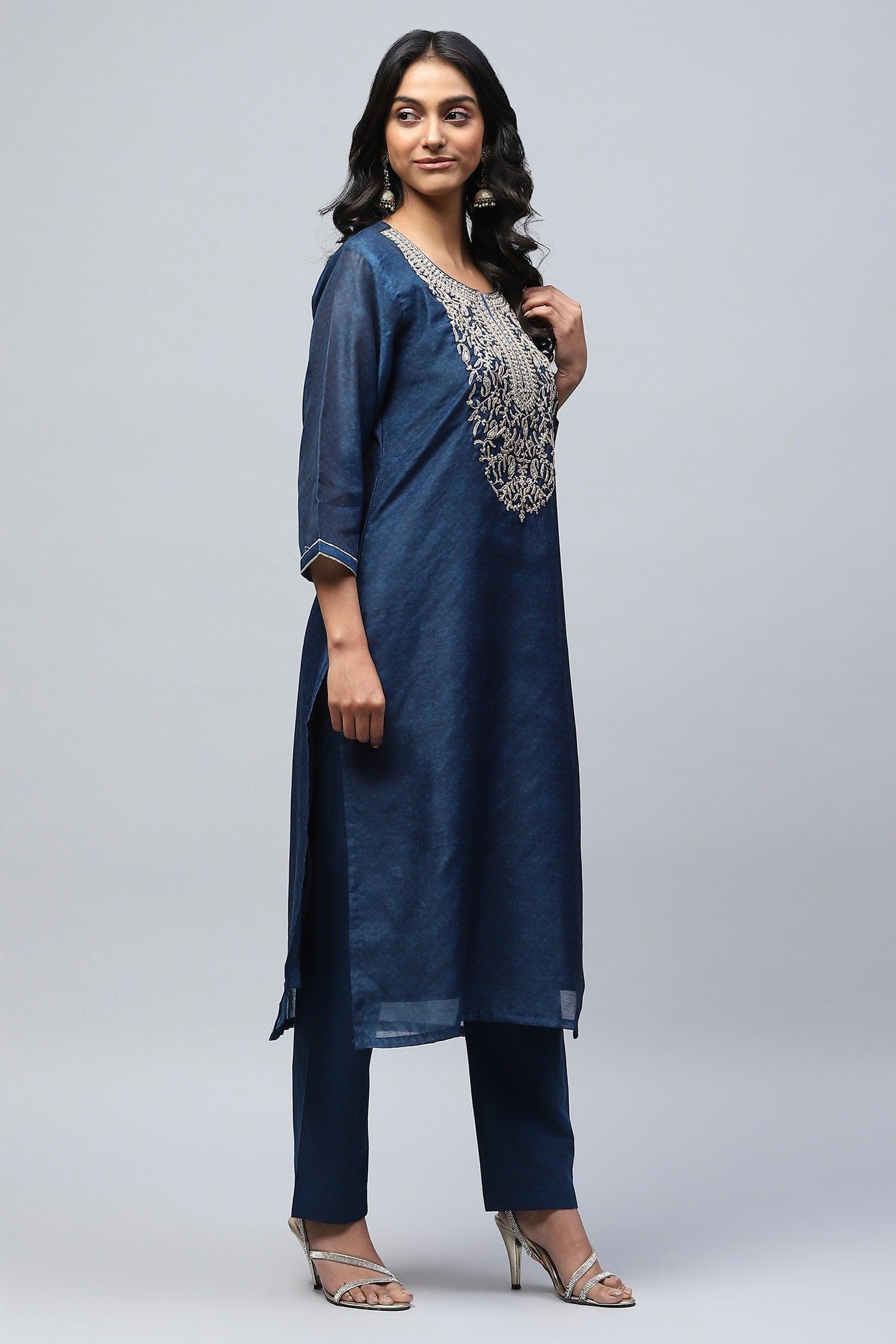 Blue Printed Suit Set for Women with Zari Embroidery - Qurbat