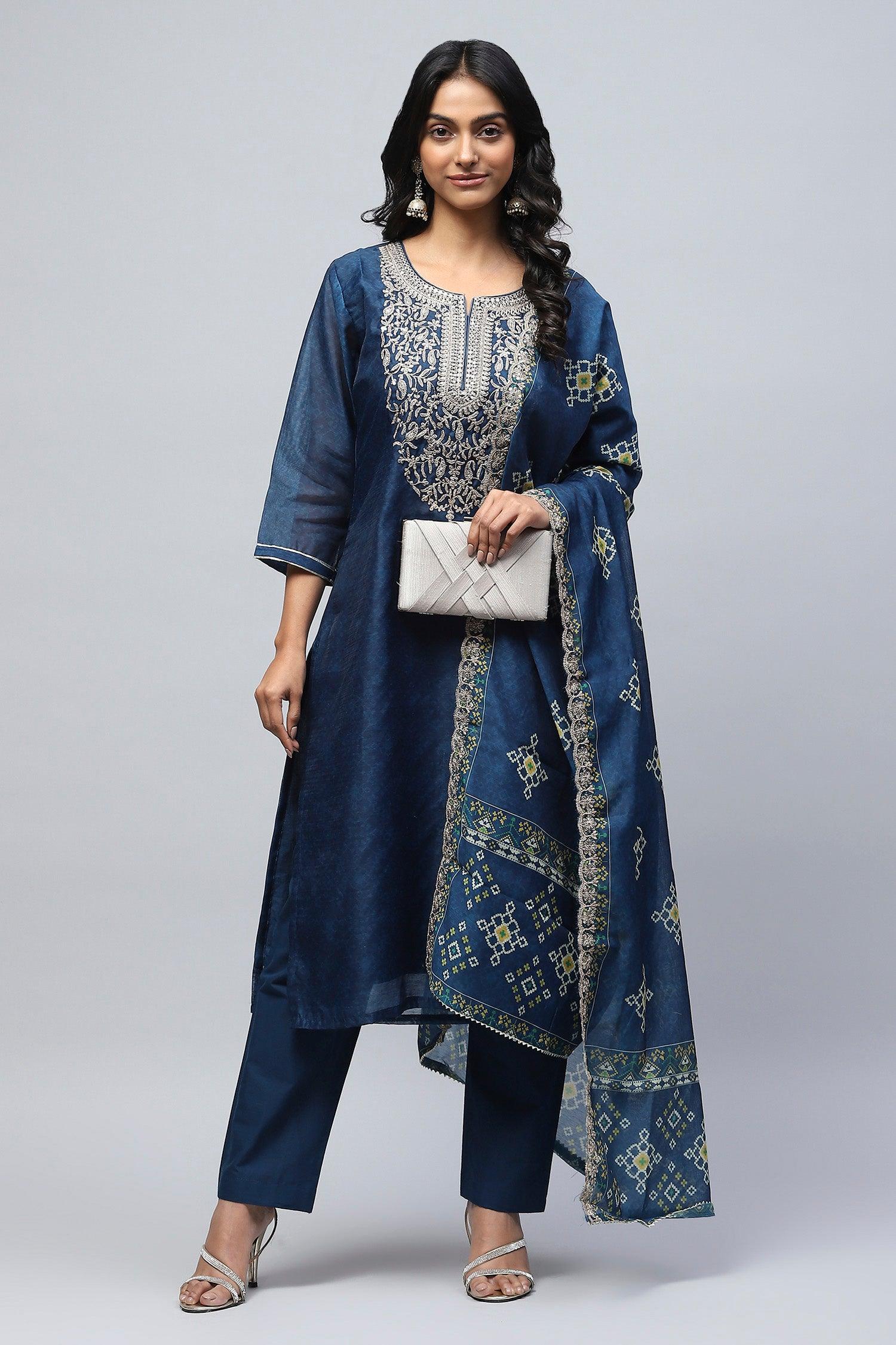 Blue Printed Suit Set for Women with Zari Embroidery - Qurbat