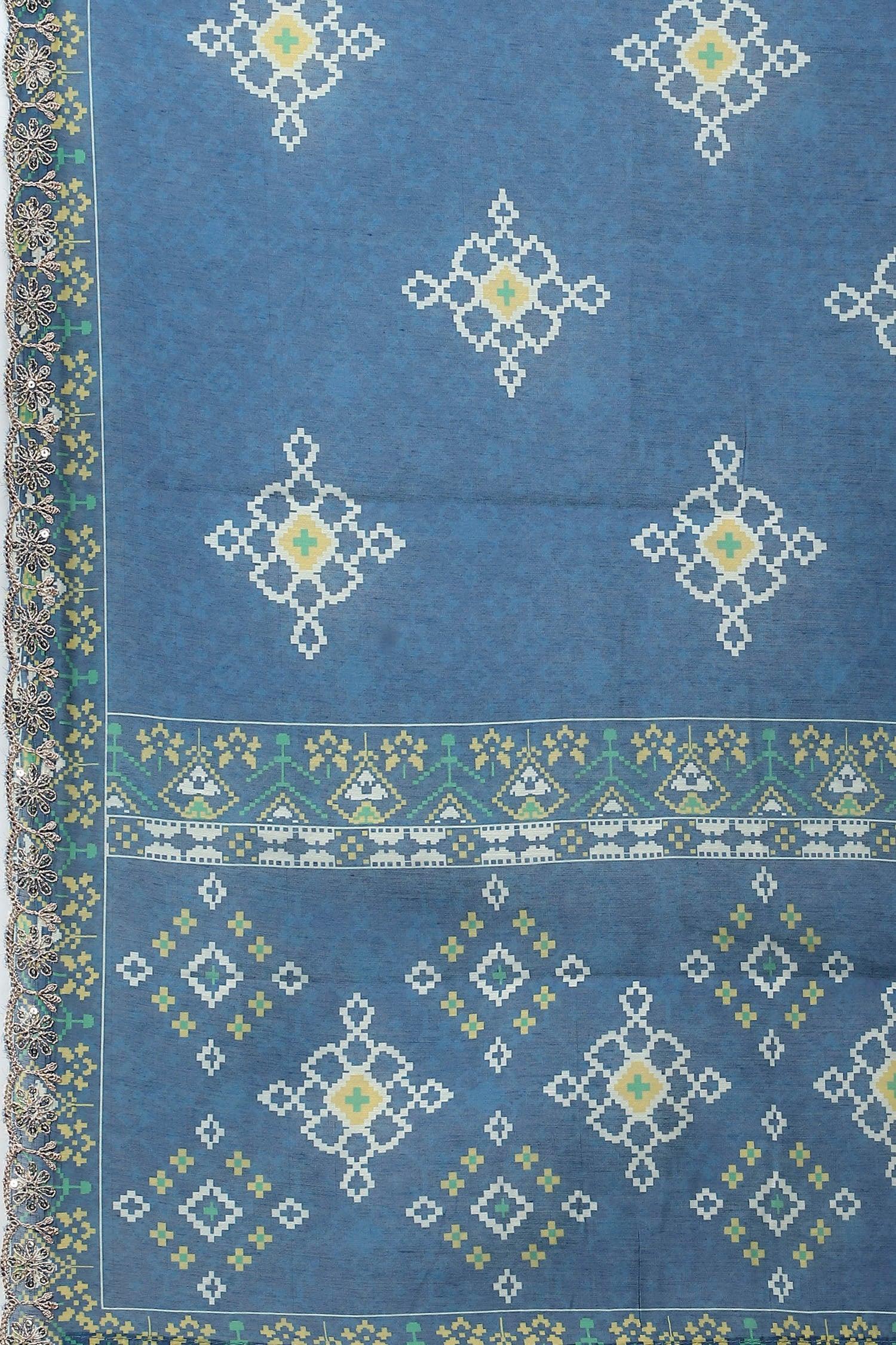 Blue Printed Suit Set for Women with Zari Embroidery - Qurbat