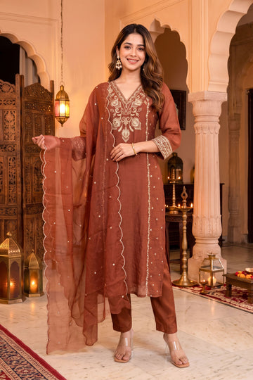 Brown with Maslin Ethnic Motifs Embroidered Straight Kurta with Trousers & Dupatta