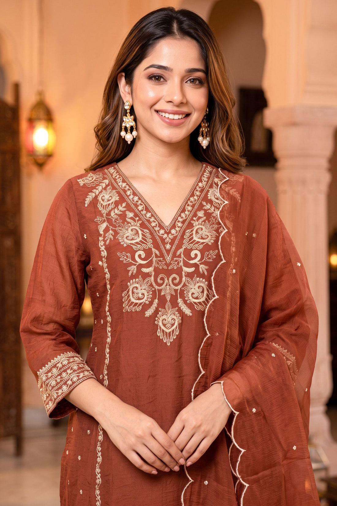 Brown with Maslin Ethnic Motifs Embroidered Straight Kurta with Trousers & Dupatta