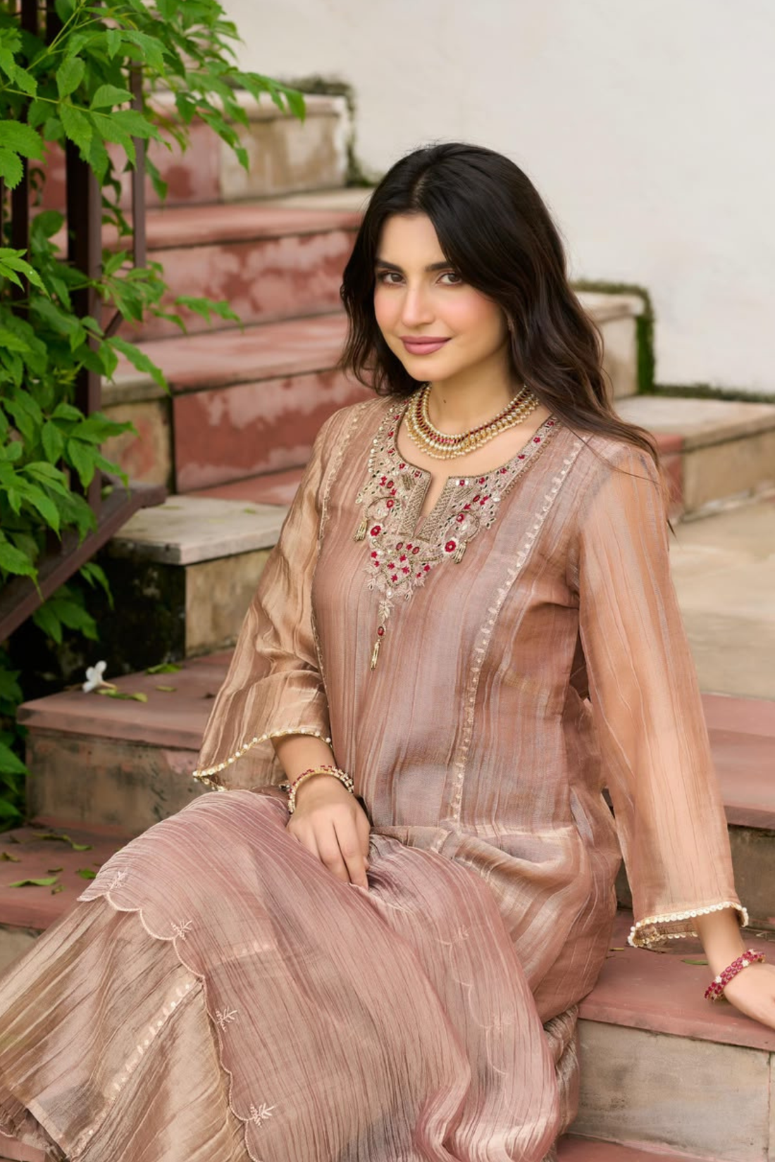 Dusty Pink with Tissue Fabric Embroidered Anarkali Kurta with Trousers & Dupatta
