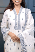Elegant Off - White & Blue Embroidered Cotton Suit Set with Dupatta - Qurbat
