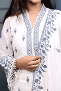 Elegant Off - White & Blue Embroidered Cotton Suit Set with Dupatta - Qurbat