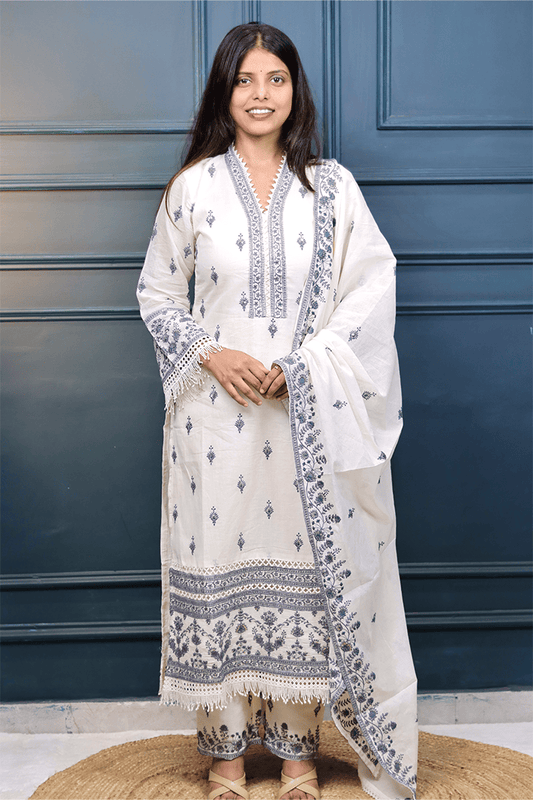 Elegant Off - White & Blue Embroidered Cotton Suit Set with Dupatta - Qurbat