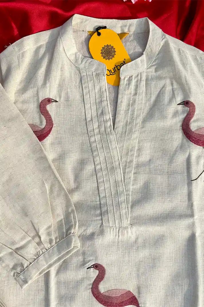 Elegant Off - White Cotton Kurta Set with Subtle Embroidery – 2 Piece Everyday Classic - Qurbat