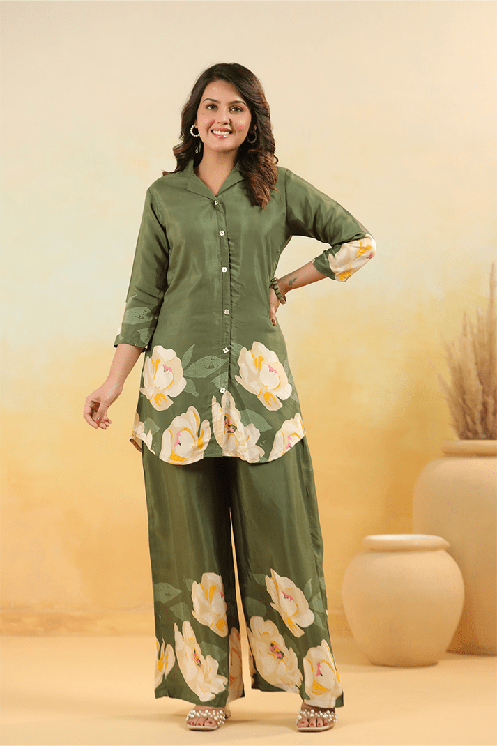 Elegant Olive Green Floral Co - Ord Set - Qurbat