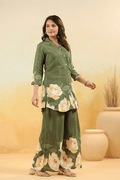 Elegant Olive Green Floral Co - Ord Set - Qurbat