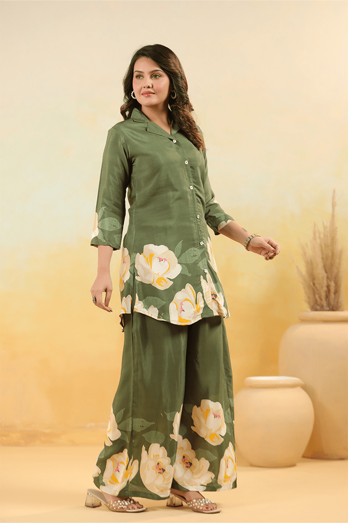 Elegant Olive Green Floral Co - Ord Set - Qurbat