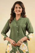 Elegant Olive Green Floral Co - Ord Set - Qurbat