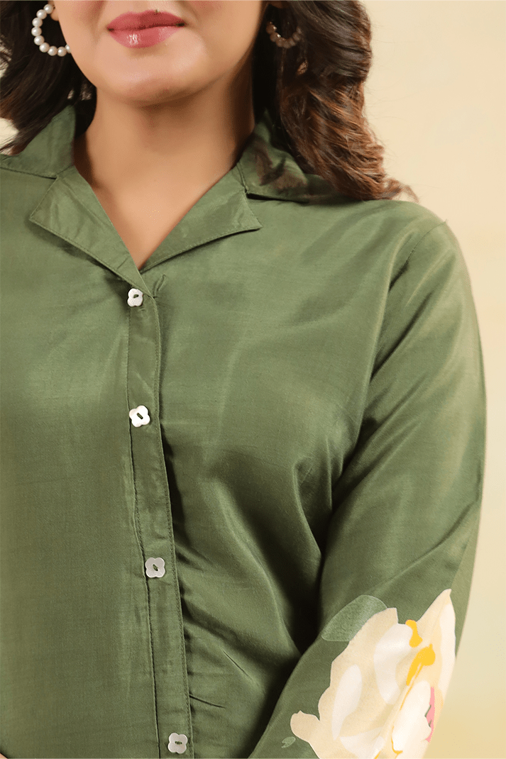 Elegant Olive Green Floral Co - Ord Set - Qurbat