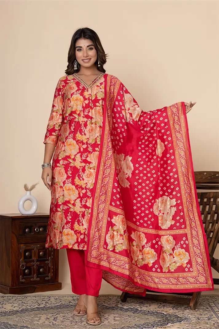 Elegant Red Floral Printed Cotton Suit Set with Dupatta - Qurbat