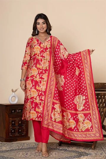 Elegant Red Floral Printed Cotton Suit Set with Dupatta - Qurbat