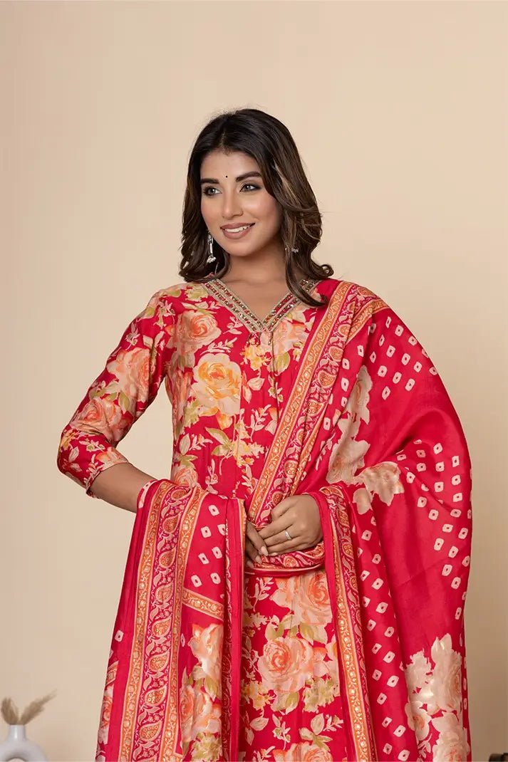 Elegant Red Floral Printed Cotton Suit Set with Dupatta - Qurbat