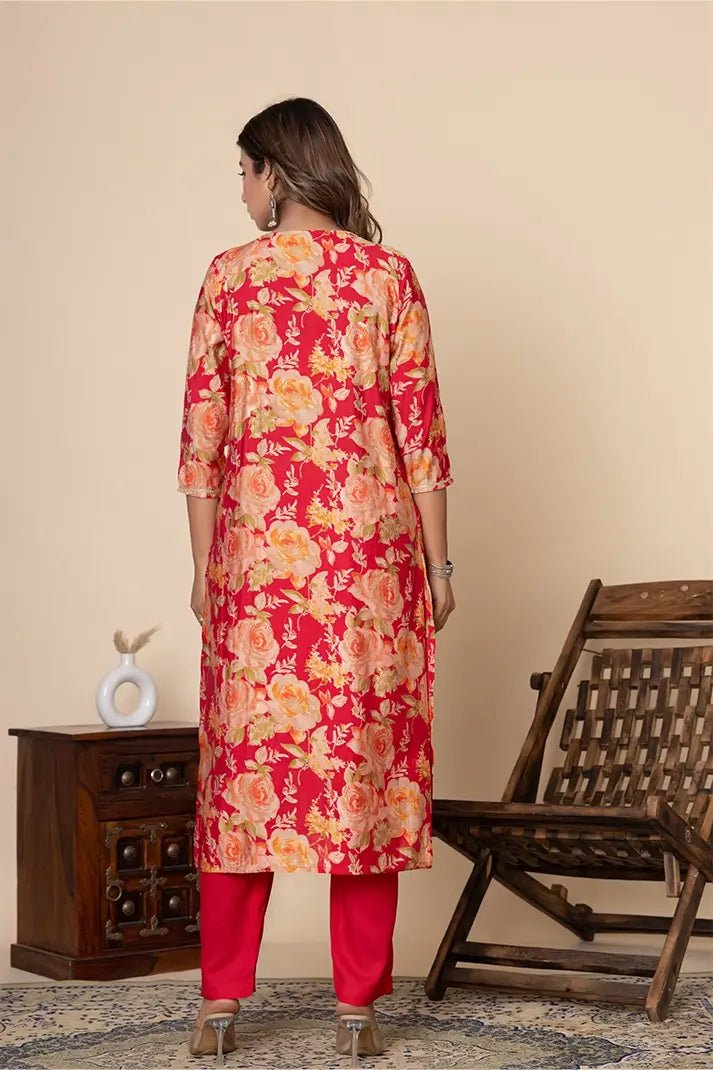 Elegant Red Floral Printed Cotton Suit Set with Dupatta - Qurbat