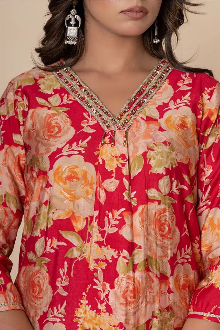 Elegant Red Floral Printed Cotton Suit Set with Dupatta - Qurbat