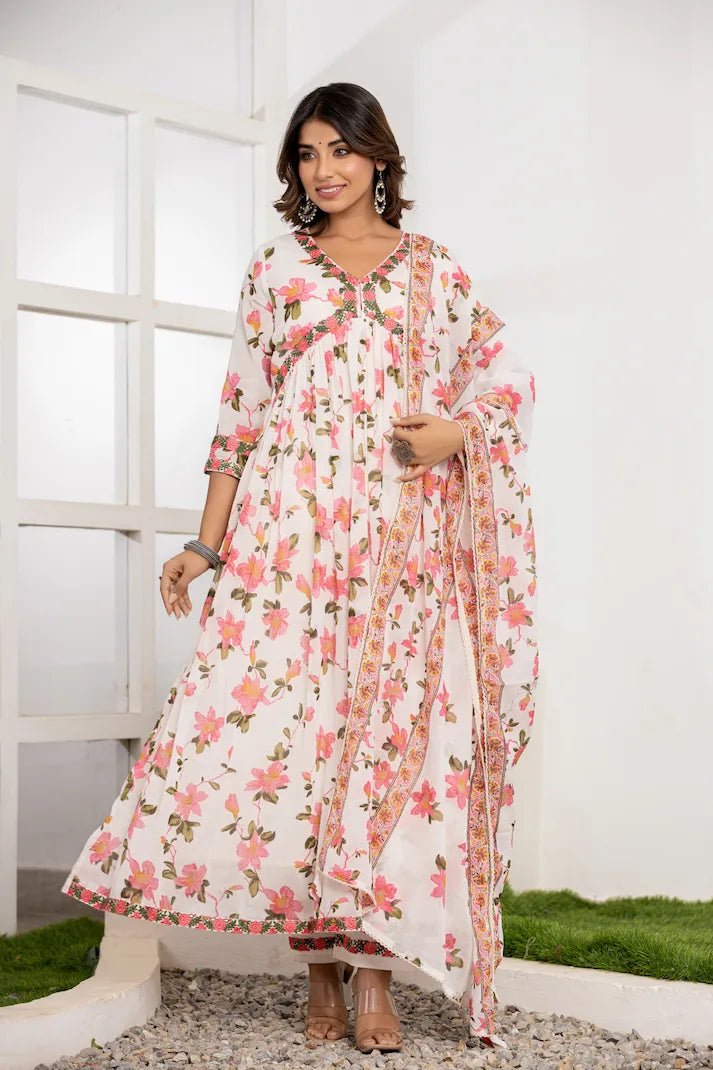 Ethereal Floral Print Anarkali Suit Set - Qurbat