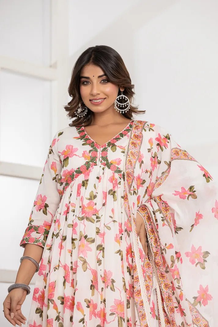 Ethereal Floral Print Anarkali Suit Set - Qurbat