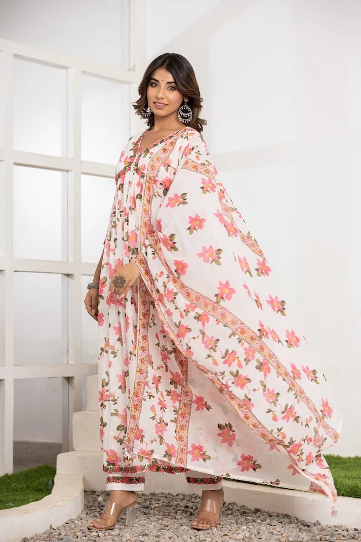Ethereal Floral Print Anarkali Suit Set - Qurbat