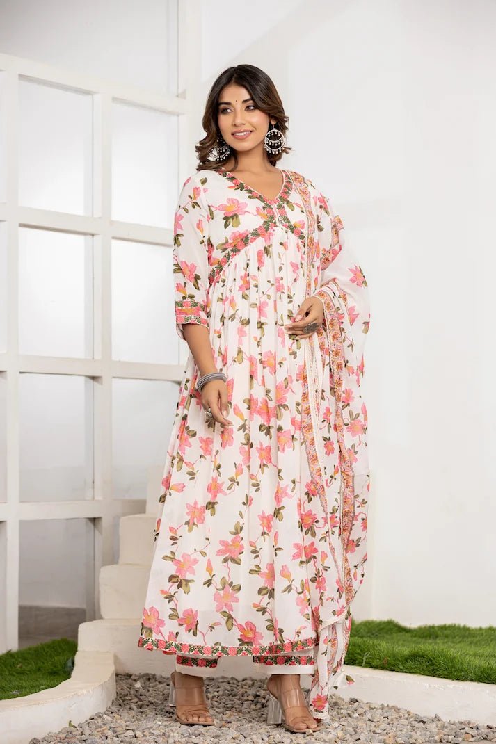 Ethereal Floral Print Anarkali Suit Set - Qurbat