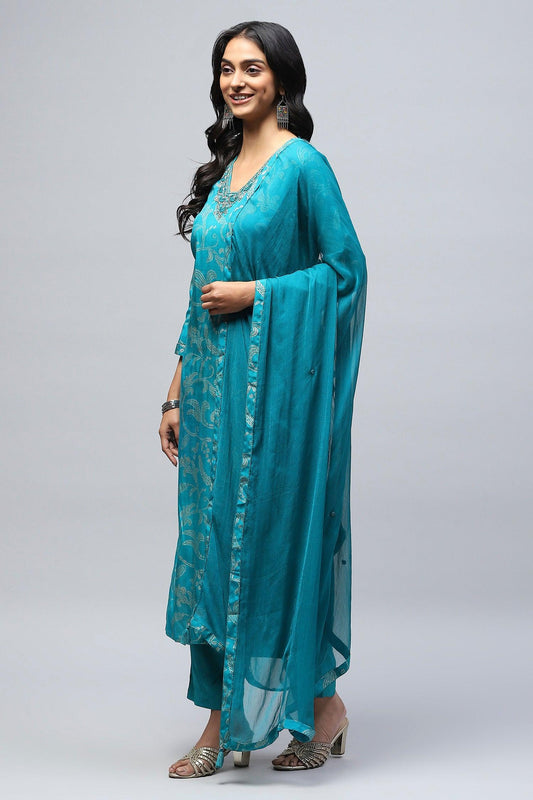 Firozee Printed Suit Set with Neck Embroidery for Women - Qurbat