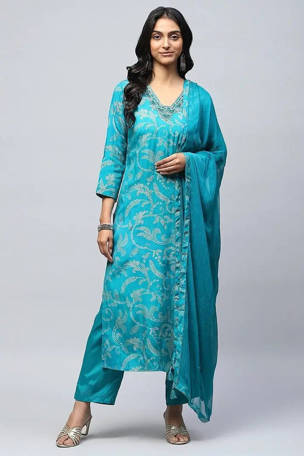 Firozee Printed Suit Set with Neck Embroidery for Women