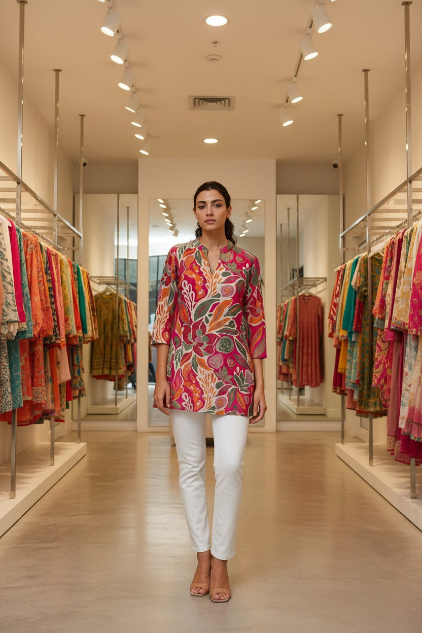 Vibrant Pink Floral Muslin Short Kurti – Bold, Breezy & Beautiful