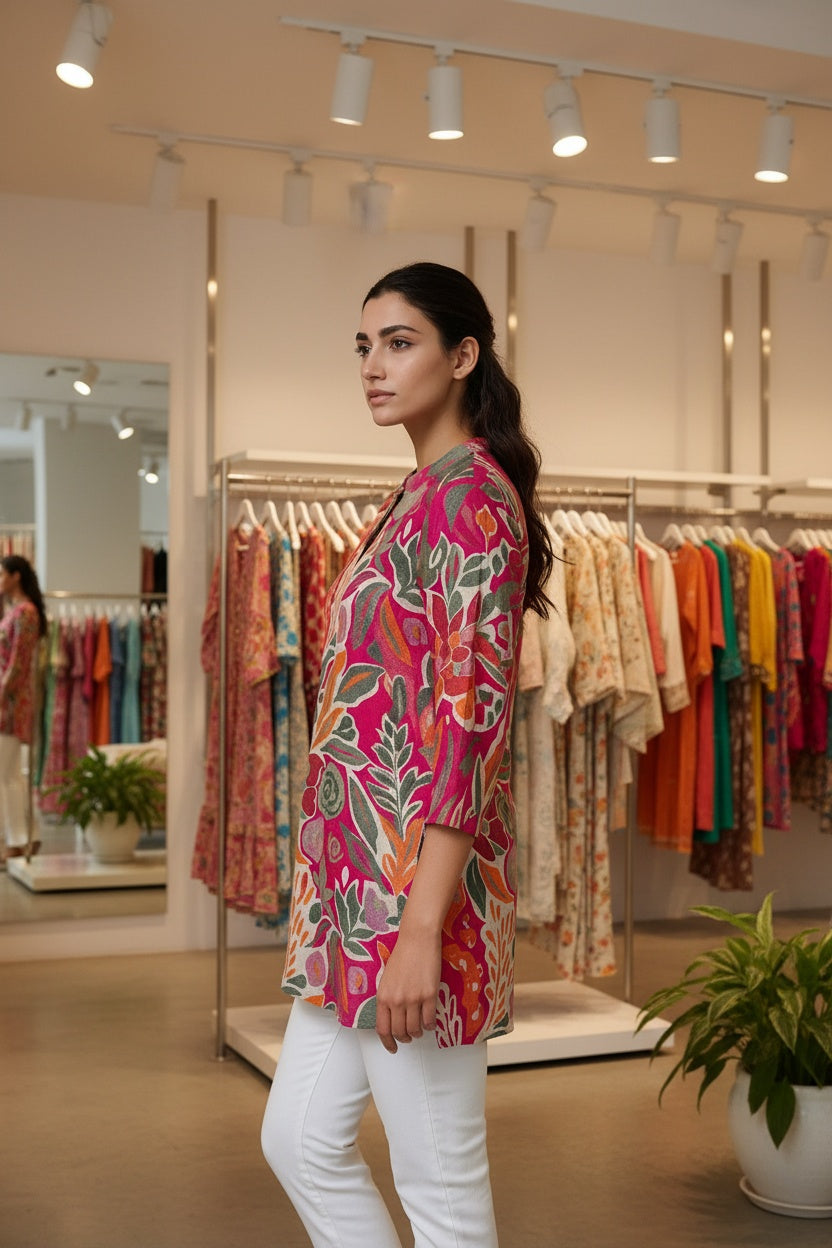 Vibrant Pink Floral Muslin Short Kurti – Bold, Breezy & Beautiful