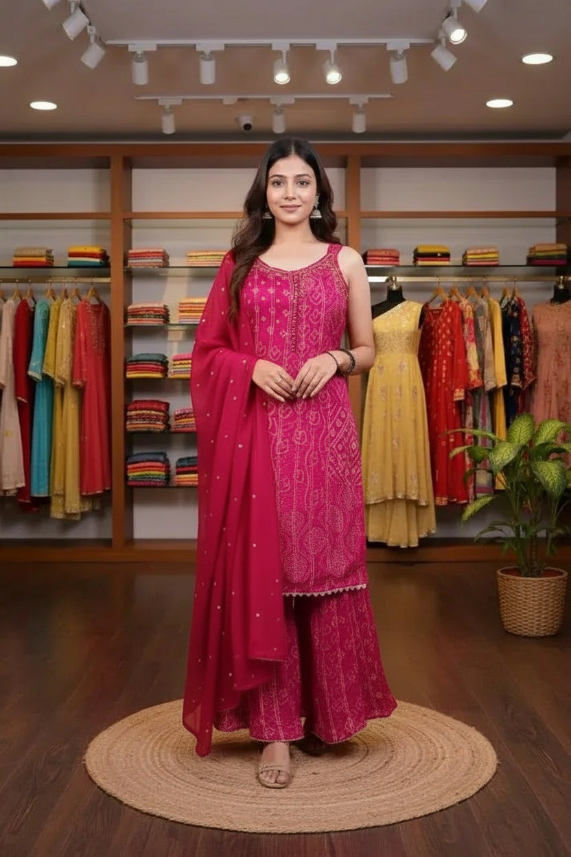 Maroon Ikat Print Sleeveless Kurta Set with Bandhani Dupatta