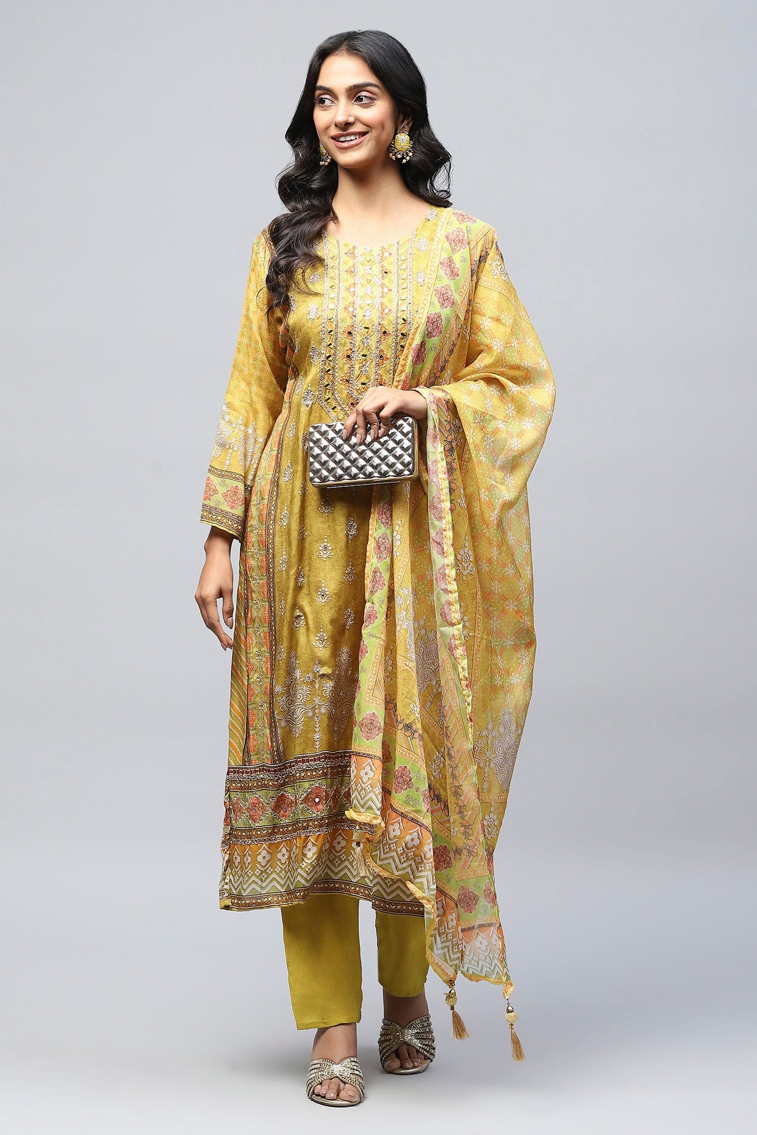 Green Crepe Printed Suit Set for Women with Hand Embroidery - Qurbat