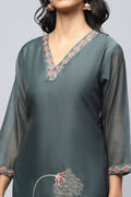 Green Digital Print Suit Set for Women with French Knot - Qurbat