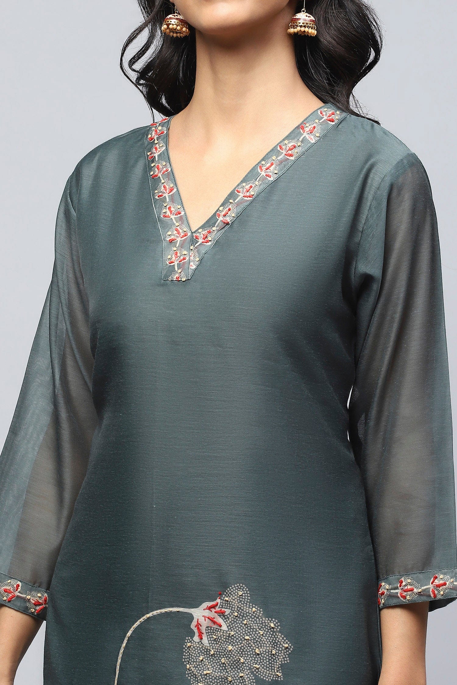 Green Digital Print Suit Set for Women with French Knot - Qurbat