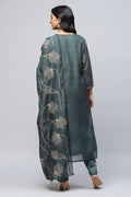 Green Digital Print Suit Set for Women with French Knot - Qurbat