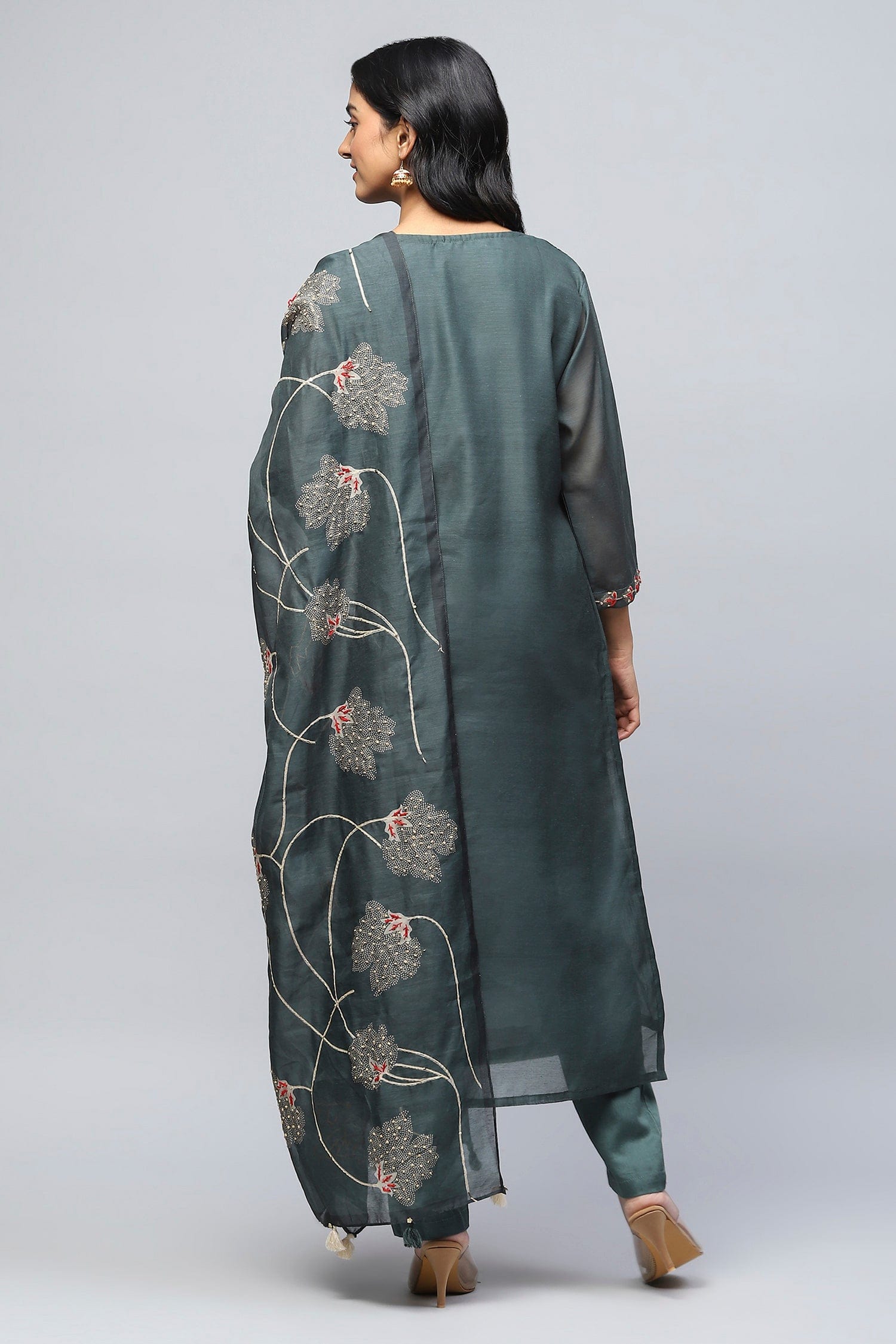 Green Digital Print Suit Set for Women with French Knot - Qurbat