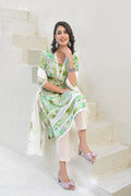 Green Floral Printed Cotton Suit Set with Mulmul Dupatta – 3 Piece Summer Ensemble - Qurbat