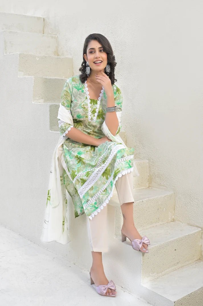 Green Floral Printed Cotton Suit Set with Mulmul Dupatta – 3 Piece Summer Ensemble - Qurbat