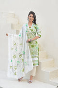 Green Floral Printed Cotton Suit Set with Mulmul Dupatta – 3 Piece Summer Ensemble - Qurbat