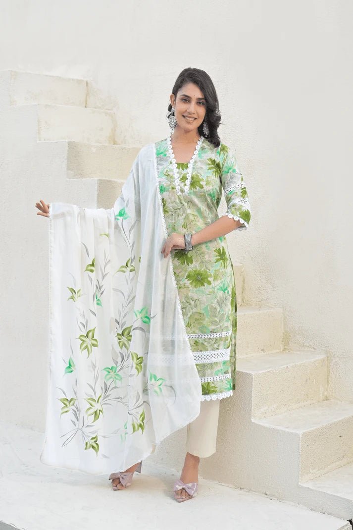 Green Floral Printed Cotton Suit Set with Mulmul Dupatta – 3 Piece Summer Ensemble - Qurbat