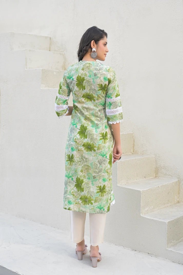 Green Floral Printed Cotton Suit Set with Mulmul Dupatta – 3 Piece Summer Ensemble - Qurbat