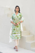 Green Floral Printed Cotton Suit Set with Mulmul Dupatta – 3 Piece Summer Ensemble - Qurbat