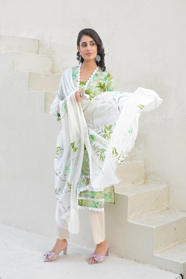 Green Floral Printed Cotton Suit Set with Mulmul Dupatta – 3 Piece Summer Ensemble - Qurbat