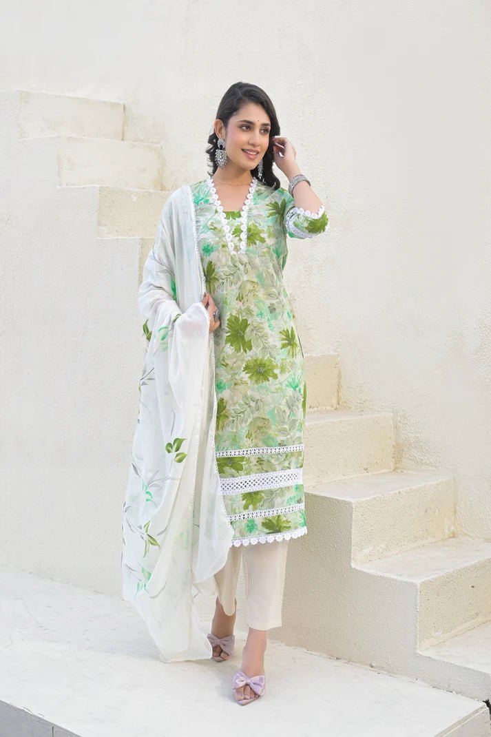 Green Floral Printed Cotton Suit Set with Mulmul Dupatta – 3 Piece Summer Ensemble - Qurbat