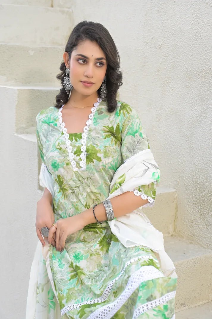 Green Floral Printed Cotton Suit Set with Mulmul Dupatta – 3 Piece Summer Ensemble - Qurbat